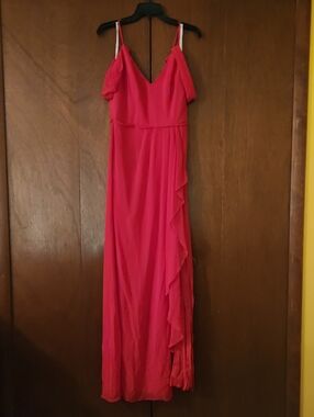 David's Bridal Red Cascading Off The Shoulder Ruffle Brides Maid Dress